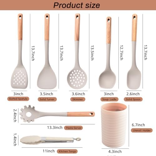 Silicone Cooking Utensils Set, 8 Piece Non-stick Utensils Spatula Set with Holder,Khaki Kitchen Utensils with Wooden Handles,Heat Resistant Cooking Set Kitchen Gadgets Gifts for Mother (Khaki) Quick Pick Grocers