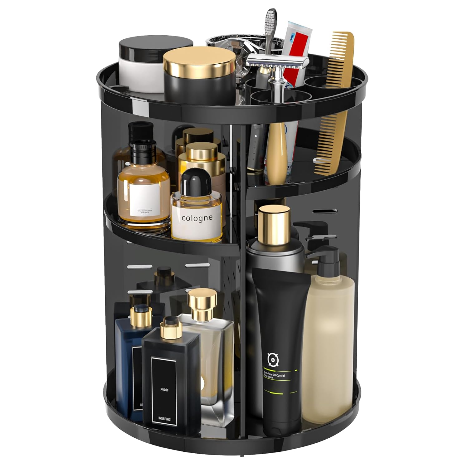 Rotating Makeup Organizer, DIY 8 Adjustable Layers Spinning Skincare Storage, Cosmetic Display Case with Brush Holder and Perfume Tray, Multi-Function Vanity Bathroom Countertop Organizer Clear Quick Pick Grocers