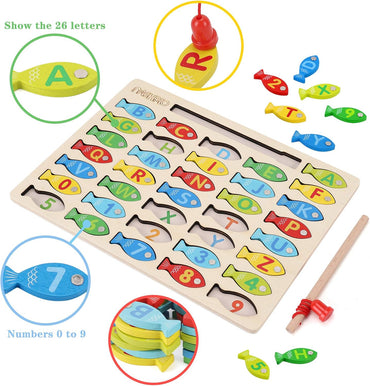 Magnetic Wooden Fishing Game Toy for Toddlers, Alphabet Fish Catching Counting Games Puzzle with Numbers and Letters, Preschool Learning ABC Math Educational Toys 3 4 5 Years Old Girl Boy Kids Quick Pick Grocers