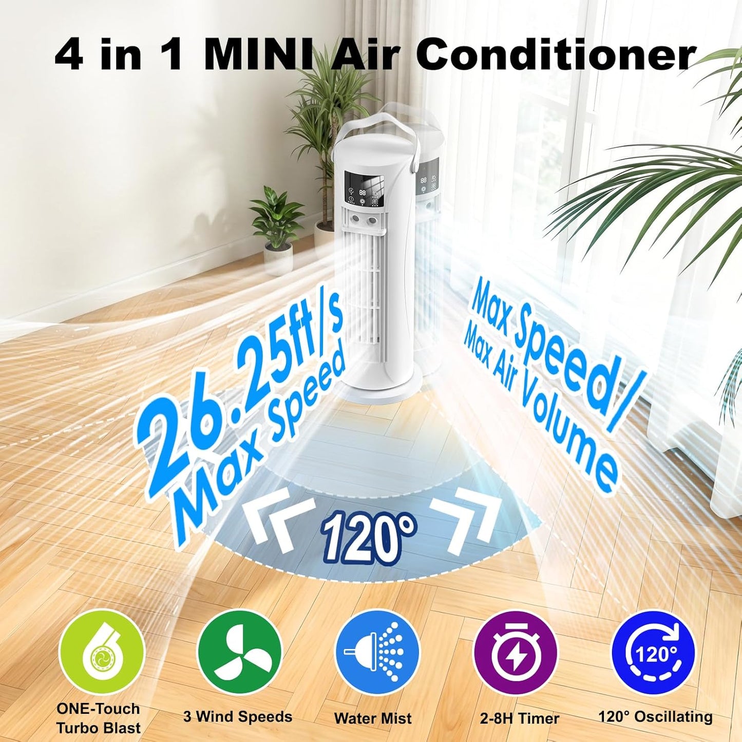Portable Air Conditioners, 120 °rotating tower fan, portable AC for 3 wind speeds,Storm mode, 8H timing, Evaporative Air Cooler with remote control,750ML water tank, spray,cooling fan for home - white Quick Pick Grocers