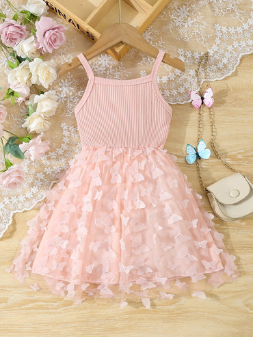 Summer Toddler Kids Girl's Clothes Baby's Butterfly Decor Mesh Splicing Cami Dress Elegant Sleeveless Princess Dress Quick Pick Grocers