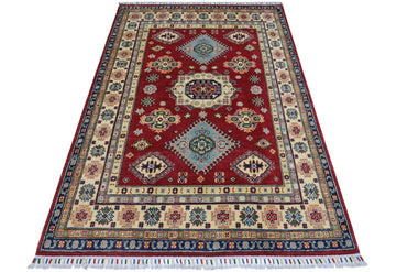 Hand-Knotted Afghani Kazak Wool Rug – 4’10″ x 6’6″