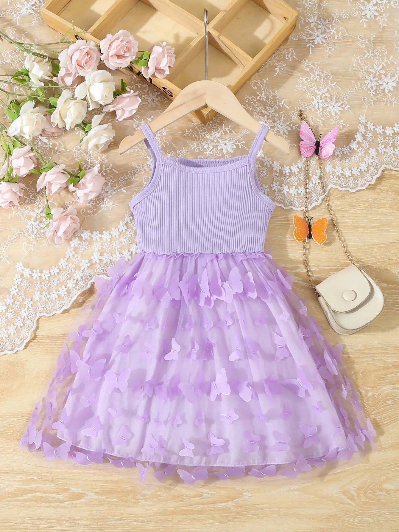 Summer Toddler Kids Girl's Clothes Baby's Butterfly Decor Mesh Splicing Cami Dress Elegant Sleeveless Princess Dress Quick Pick Grocers