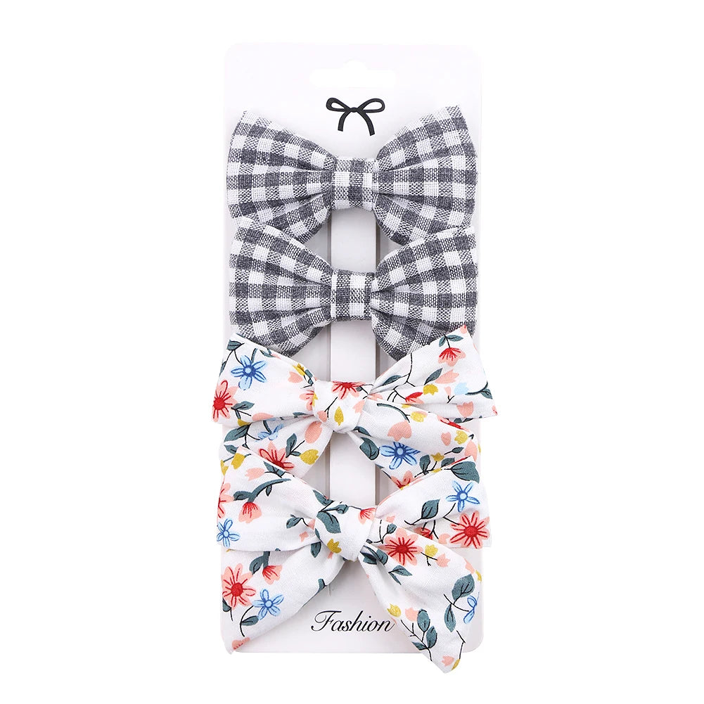 4Pcs/Set Baby Bows Hair Clips Muslin Girls Hairpins Hairclip For Kids Cotton Linen Barrette Flower Print Side Pin Accessories Purest Peak