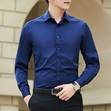 New Plus Size Men Solid Color Business Shirt Fashion Classic Basic Casual Slim White Long Sleeve Shirt Brand Clothes Quick Pick Grocers