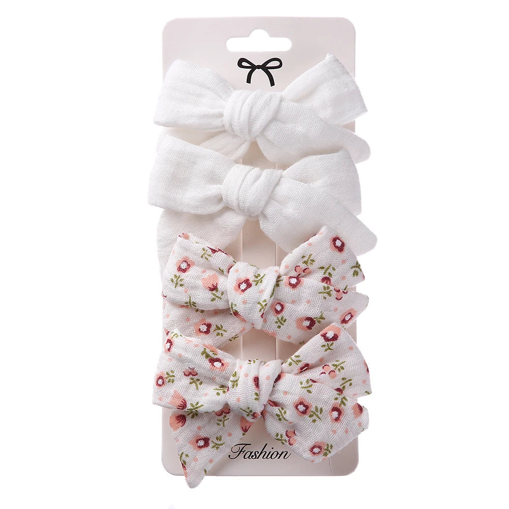 4Pcs/Set Baby Bows Hair Clips Muslin Girls Hairpins Hairclip For Kids Cotton Linen Barrette Flower Print Side Pin Accessories Purest Peak