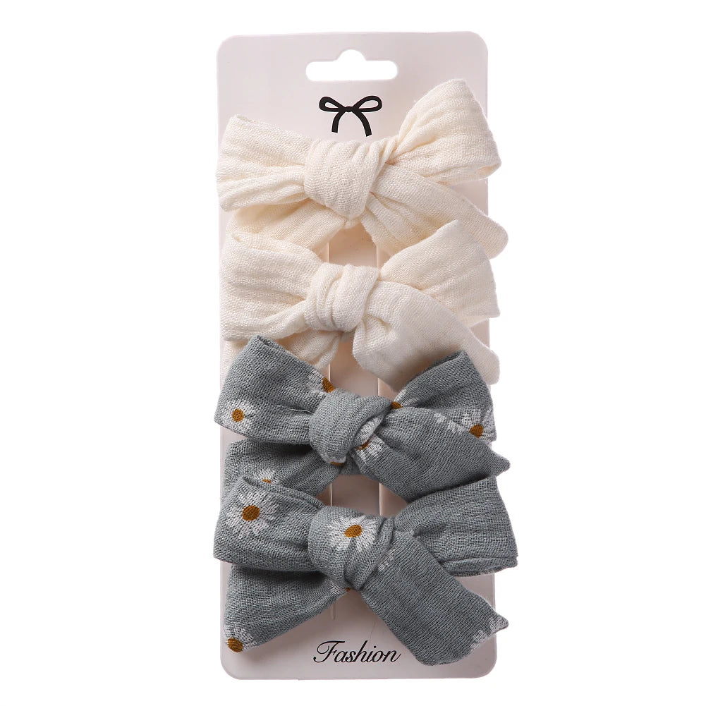 4Pcs/Set Baby Bows Hair Clips Muslin Girls Hairpins Hairclip For Kids Cotton Linen Barrette Flower Print Side Pin Accessories Purest Peak