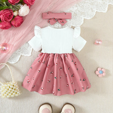 2Pcs/Set Baby girl Dress Small Floral Large bow Summer,Dress+Headband Set suitable for 0-24 Months Baby girls Fashionable Dress Quick Pick Grocers