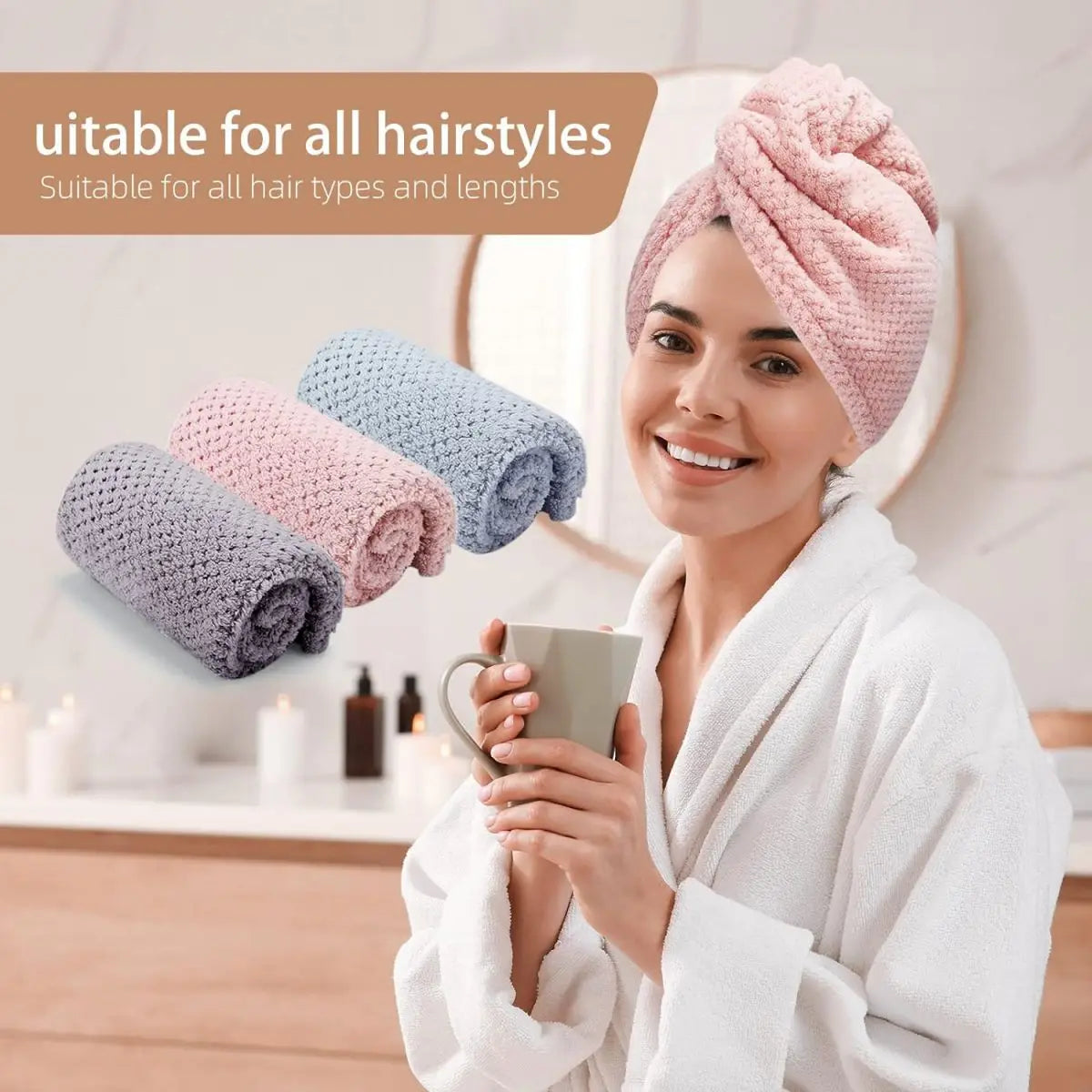 Solid color hair towel Textured dry hair cap 9.8 "X 25.5" absorbent hair towel wrap for button-down women Econic Blanks