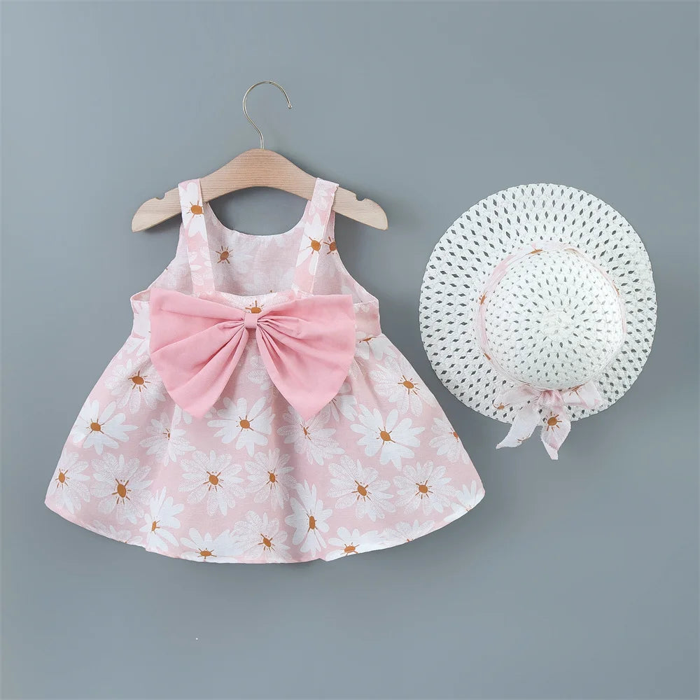 Baby Girl Dress Summer Bow And Full Print Daisy Pattern Suspender Beach Baby Dresses Cute Casual Baby Girl Clothes With Hat Quick Pick Grocers