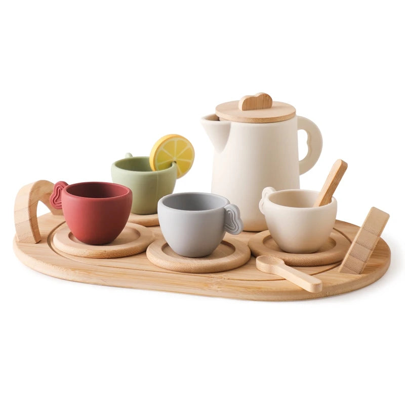Wooden Children Montessori Toy Teapot Teacup Simulation Kitchen Utensil BPA Free Silicone Kid Education Pretend Play Toy Gift Purest Peak