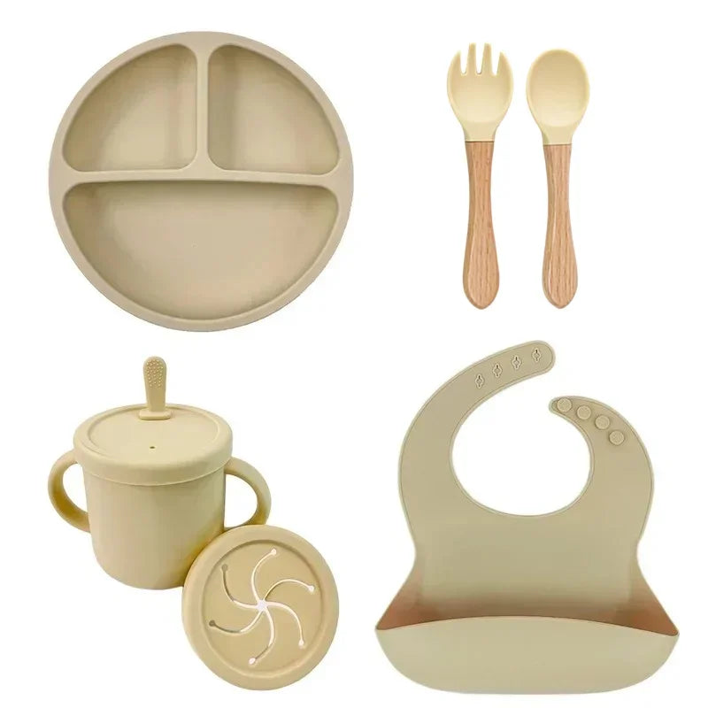 Food Grade Silicone Child Dish Set Baby Feeding Bowl Suction Plate Straw Cup Wooden Spoon Fork for Kids Tableware Toddler Dishes Purest Peak