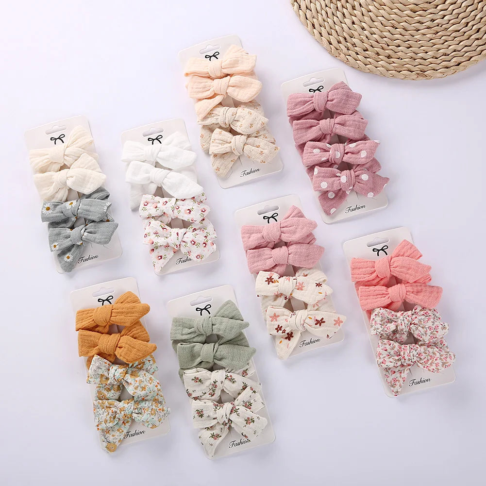 4Pcs/Set Baby Bows Hair Clips Muslin Girls Hairpins Hairclip For Kids Cotton Linen Barrette Flower Print Side Pin Accessories Purest Peak