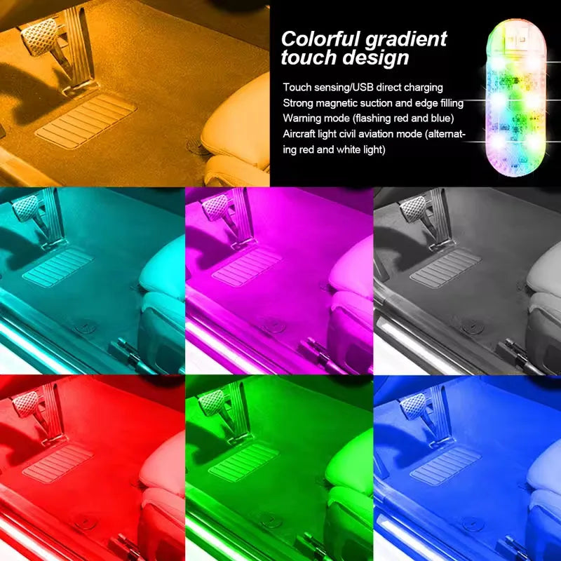 1/2/4PC Mini Car LED Light USB Charging Interior Lighting Lamp for Armrest Box Switch Touch Magnetic Reading Lamp Foot Light