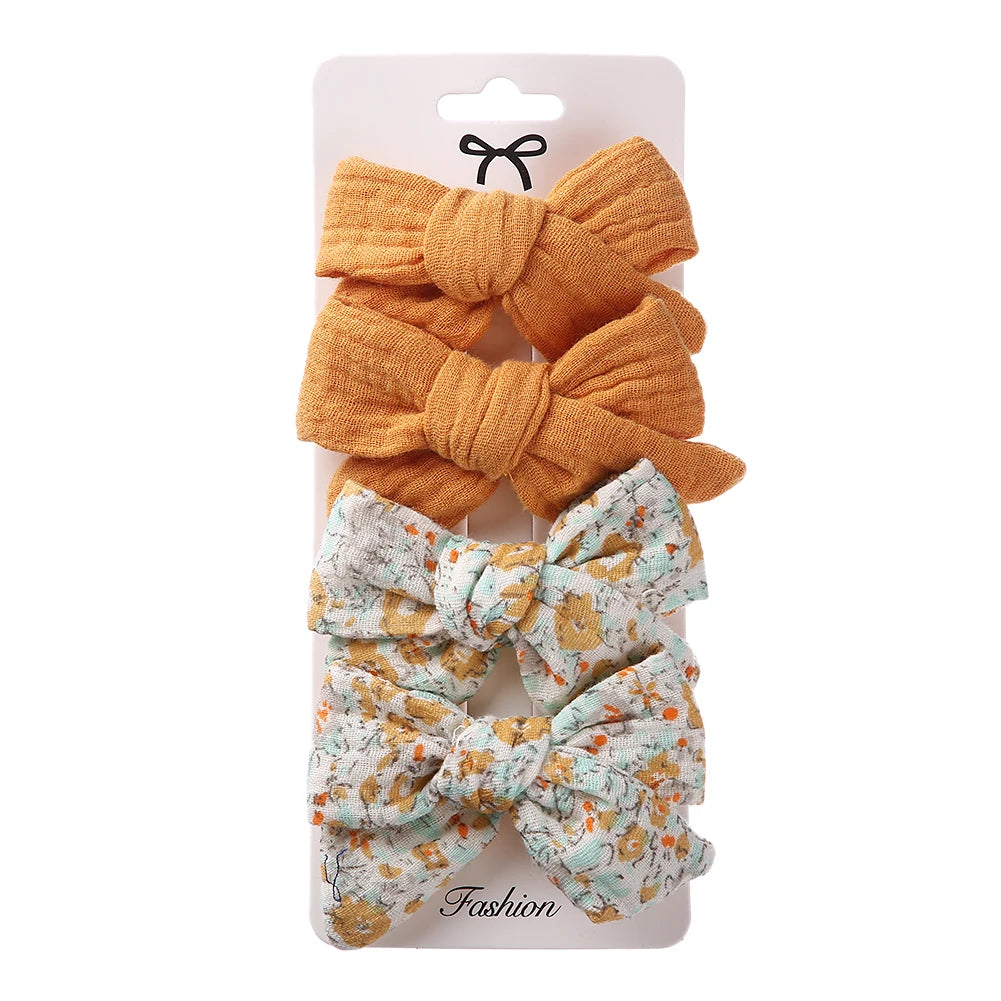 4Pcs/Set Baby Bows Hair Clips Muslin Girls Hairpins Hairclip For Kids Cotton Linen Barrette Flower Print Side Pin Accessories Purest Peak