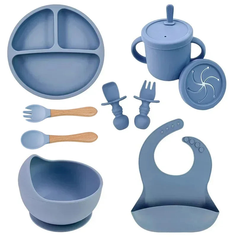 Food Grade Silicone Child Dish Set Baby Feeding Bowl Suction Plate Straw Cup Wooden Spoon Fork for Kids Tableware Toddler Dishes Purest Peak