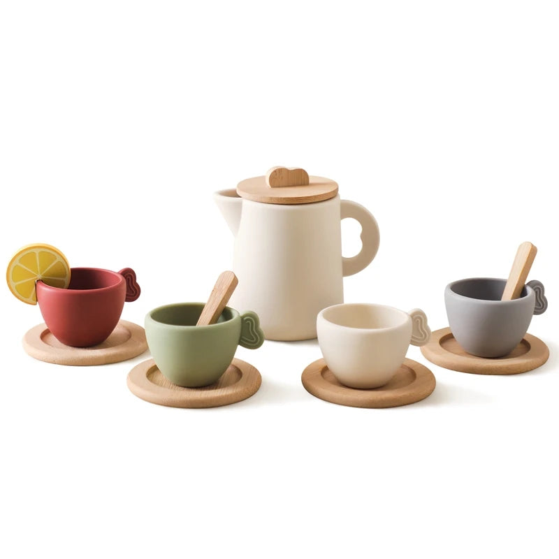 Wooden Children Montessori Toy Teapot Teacup Simulation Kitchen Utensil BPA Free Silicone Kid Education Pretend Play Toy Gift Purest Peak