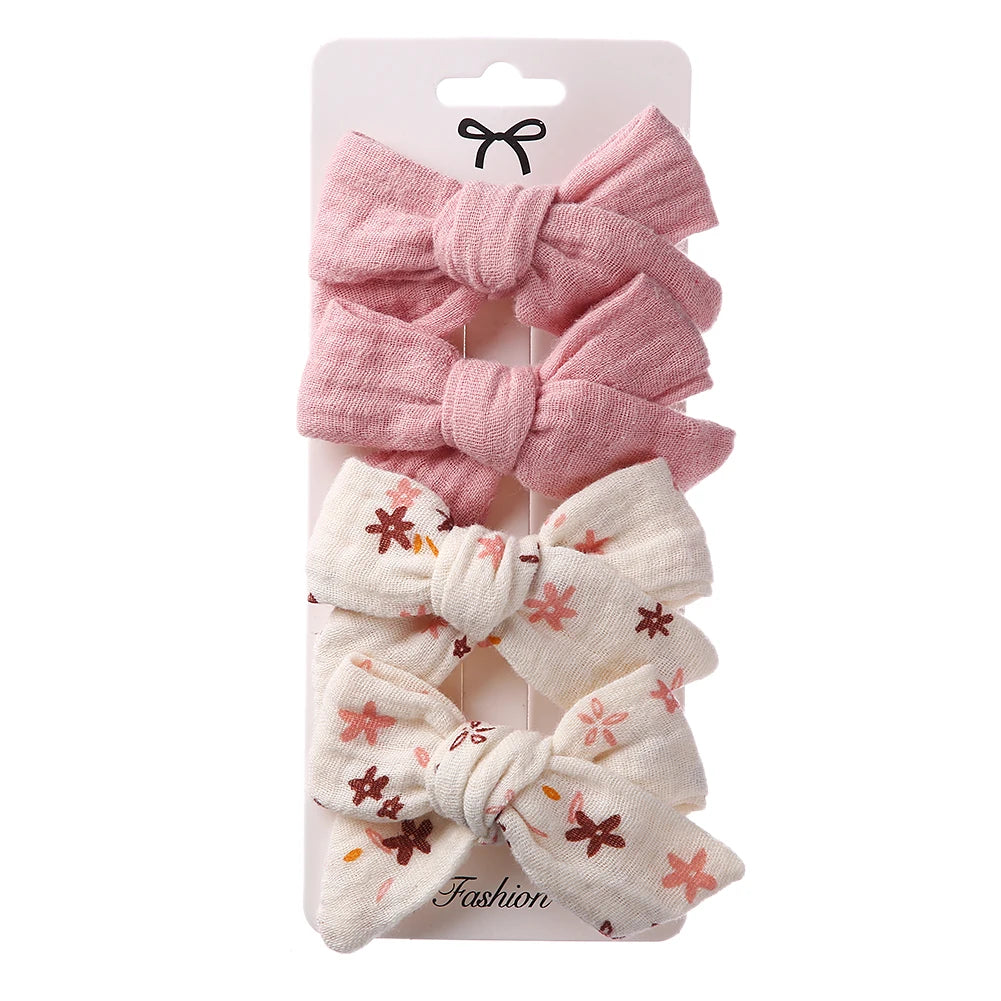 4Pcs/Set Baby Bows Hair Clips Muslin Girls Hairpins Hairclip For Kids Cotton Linen Barrette Flower Print Side Pin Accessories Purest Peak