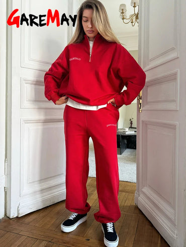 Spring Red Women's Tracksuit with Zipper Cotton Oversize Classic Two Piece Set Women Casual Yellow Trouser Suits for Women 2026 Quick Pick Grocers