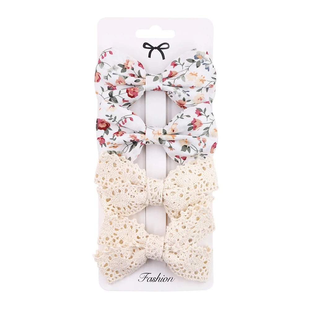 4Pcs/Set Baby Bows Hair Clips Muslin Girls Hairpins Hairclip For Kids Cotton Linen Barrette Flower Print Side Pin Accessories Purest Peak