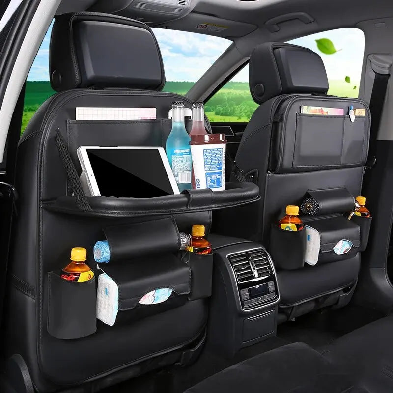 Car Seat Back Organizer with Foldable Table Tray PU Leather Storage Organizer with Pockets Kick Mats Seat Interior Accessories Econic Blanks