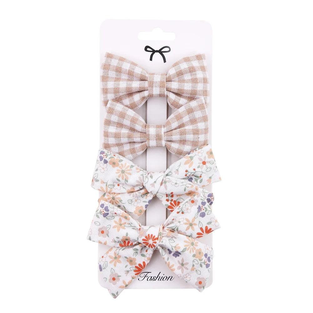 4Pcs/Set Baby Bows Hair Clips Muslin Girls Hairpins Hairclip For Kids Cotton Linen Barrette Flower Print Side Pin Accessories Purest Peak
