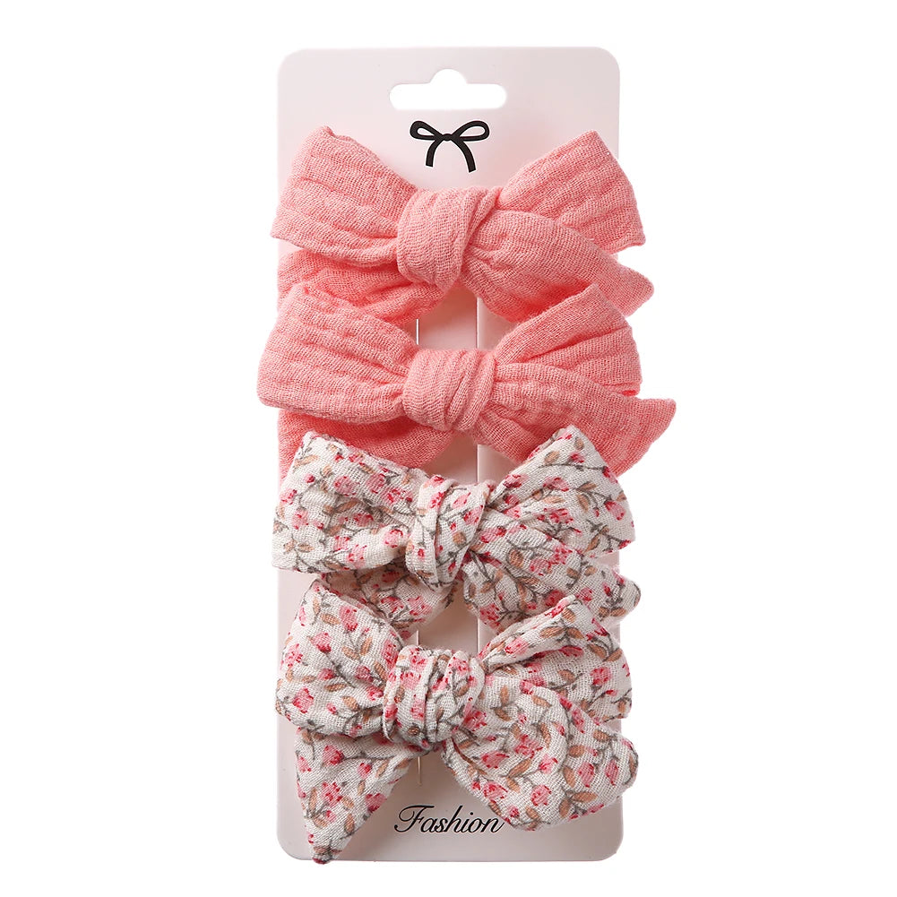 4Pcs/Set Baby Bows Hair Clips Muslin Girls Hairpins Hairclip For Kids Cotton Linen Barrette Flower Print Side Pin Accessories Purest Peak