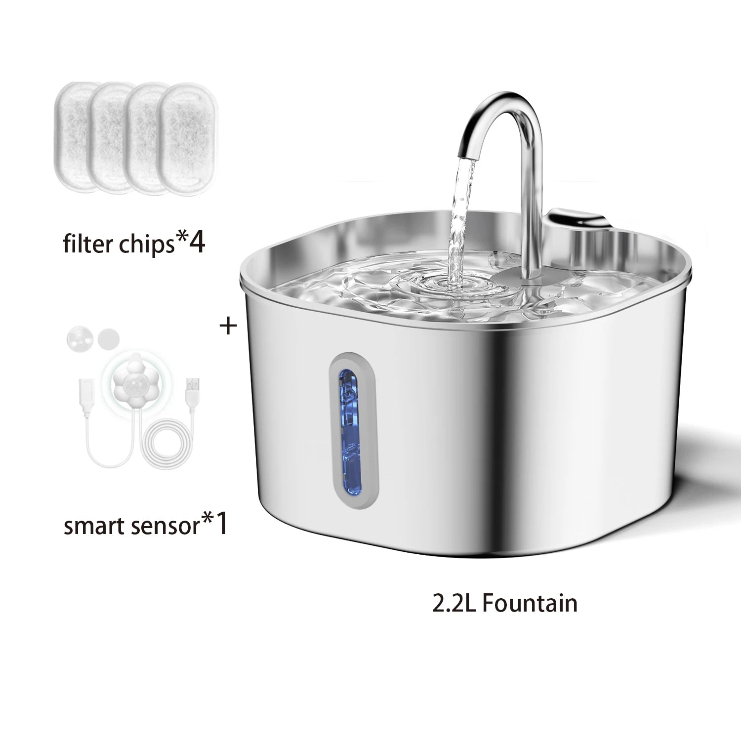 ZYFeeder 2.2L Automatic Cat Water Fountain Square Stainless Steel Pet Water Feeder Dog Water Fountain with window(No 5V 1A Plug) Quick Pick Grocers