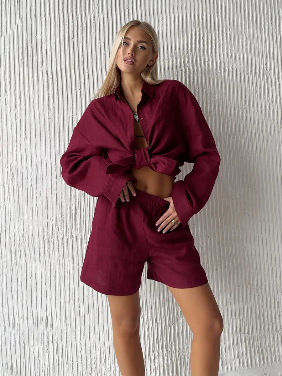 Bornladies Cotton Casual Pants Sets Women's Solid Color Cozy Lapel Long Sleeve Shirt Summer Outfit Elastic Waist Pants Suits Quick Pick Grocers
