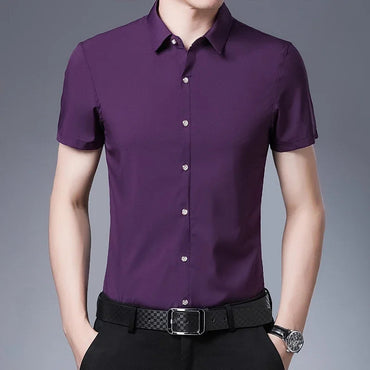 Men's Business Casual Solid Color Short Sleeved Shirt Non Ironing Comfortable Top Quick Pick Grocers