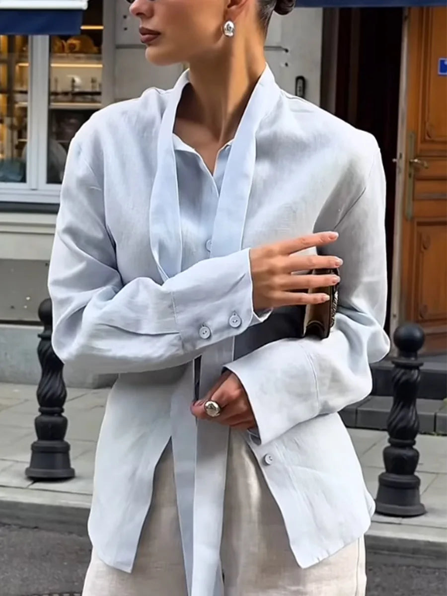 Wolfeel 100% Cotton New Autumn Tie Belted Shirt Women's Floating Ribbon Cardigan Top Commuting Slim Blouse Quick Pick Grocers