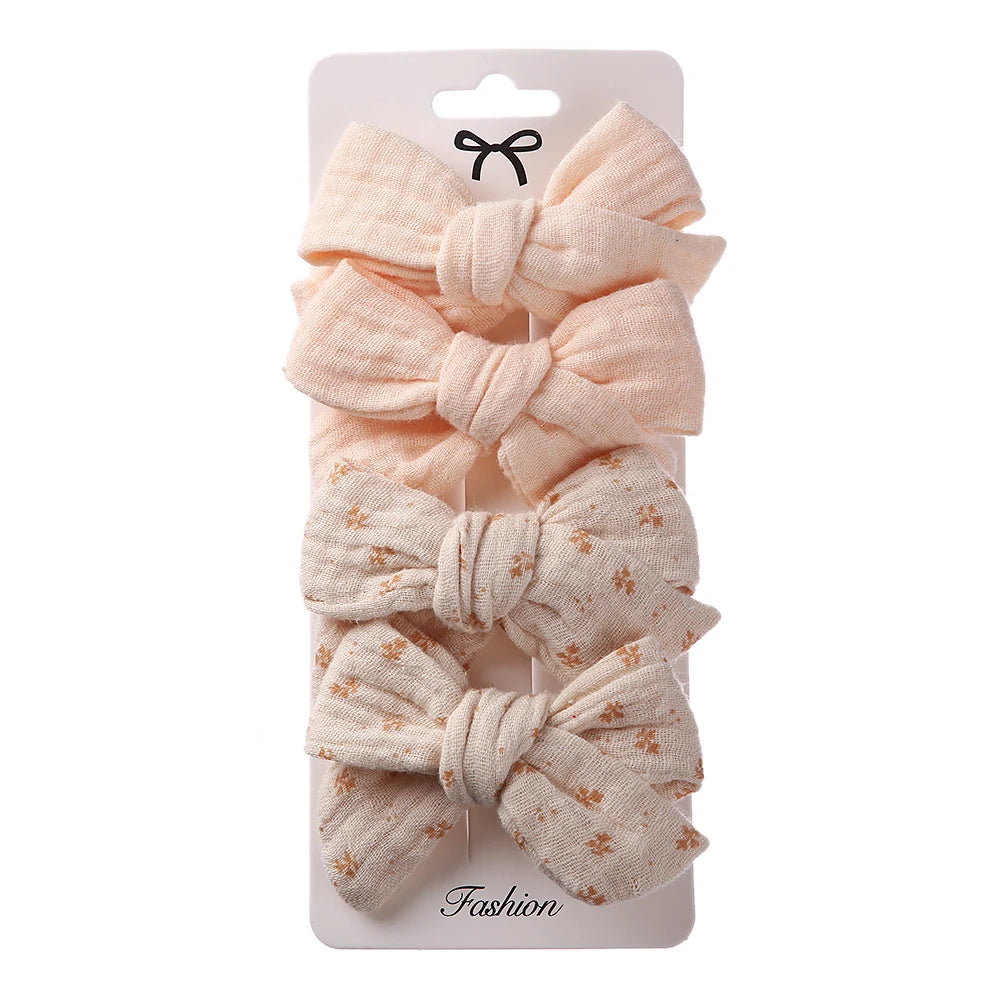 4Pcs/Set Baby Bows Hair Clips Muslin Girls Hairpins Hairclip For Kids Cotton Linen Barrette Flower Print Side Pin Accessories Purest Peak