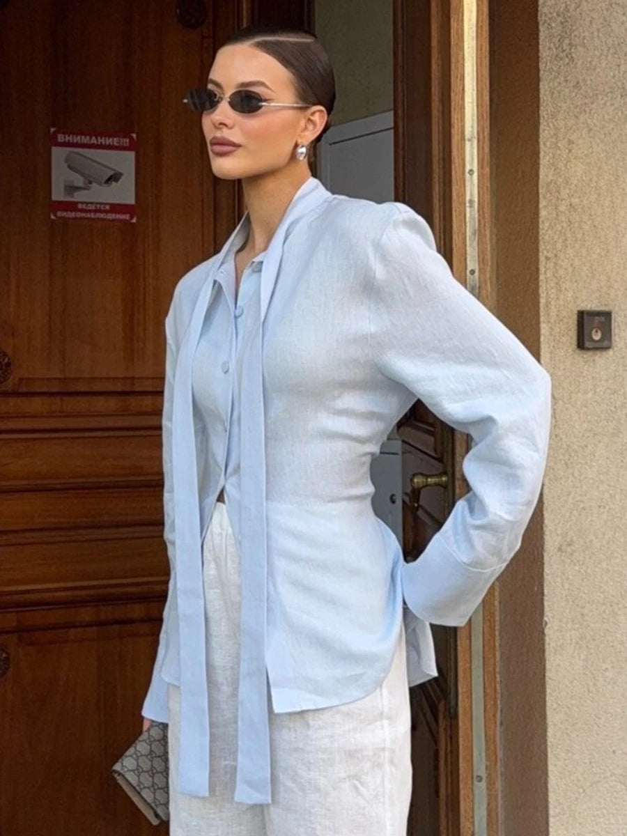 Wolfeel 100% Cotton New Autumn Tie Belted Shirt Women's Floating Ribbon Cardigan Top Commuting Slim Blouse Quick Pick Grocers