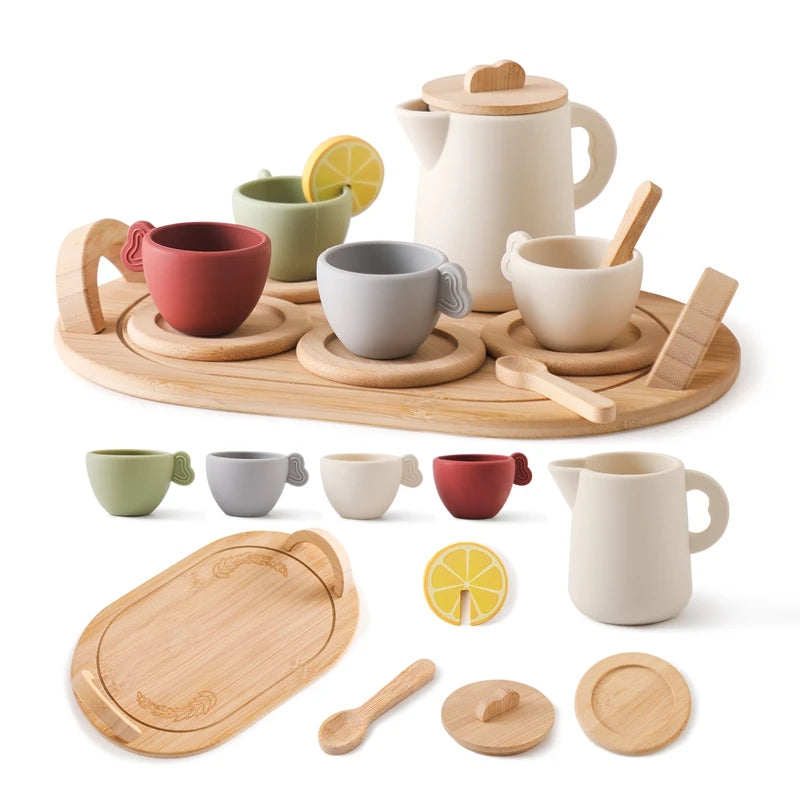 Wooden Children Montessori Toy Teapot Teacup Simulation Kitchen Utensil BPA Free Silicone Kid Education Pretend Play Toy Gift Purest Peak