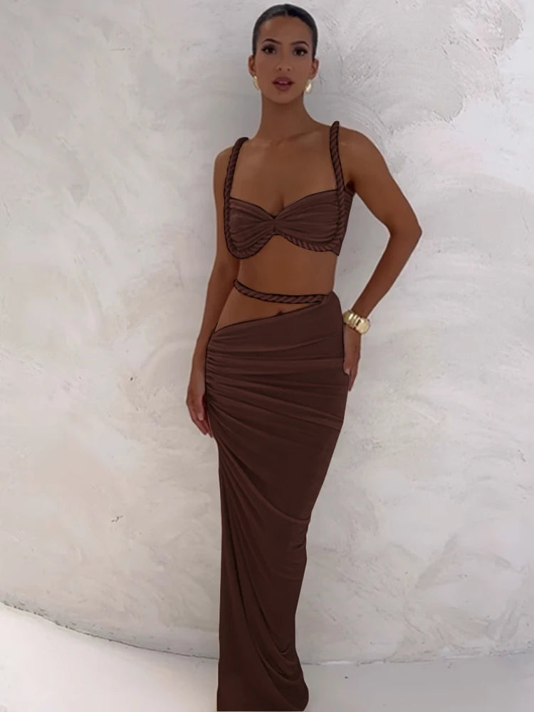 Cutenew Woven Matching Women 2 Piece Sexy Vacation Outfits Pleated Crop Camis+Shirring High Waist Maxi Skirts Solid Mujer Sets Quick Pick Grocers