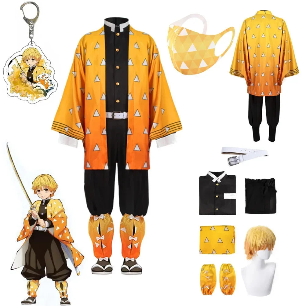 Anime Demon Moordenaar Kimetsu No Yaiba Agatsuma Zenitsu Cosplay tuum Pruik Vrouwen Kimono Uniform Halloween Kerstfeest Kleding Quick Pick Grocers