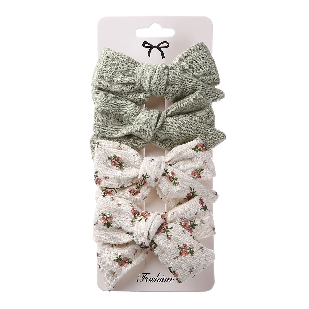 4Pcs/Set Baby Bows Hair Clips Muslin Girls Hairpins Hairclip For Kids Cotton Linen Barrette Flower Print Side Pin Accessories Purest Peak