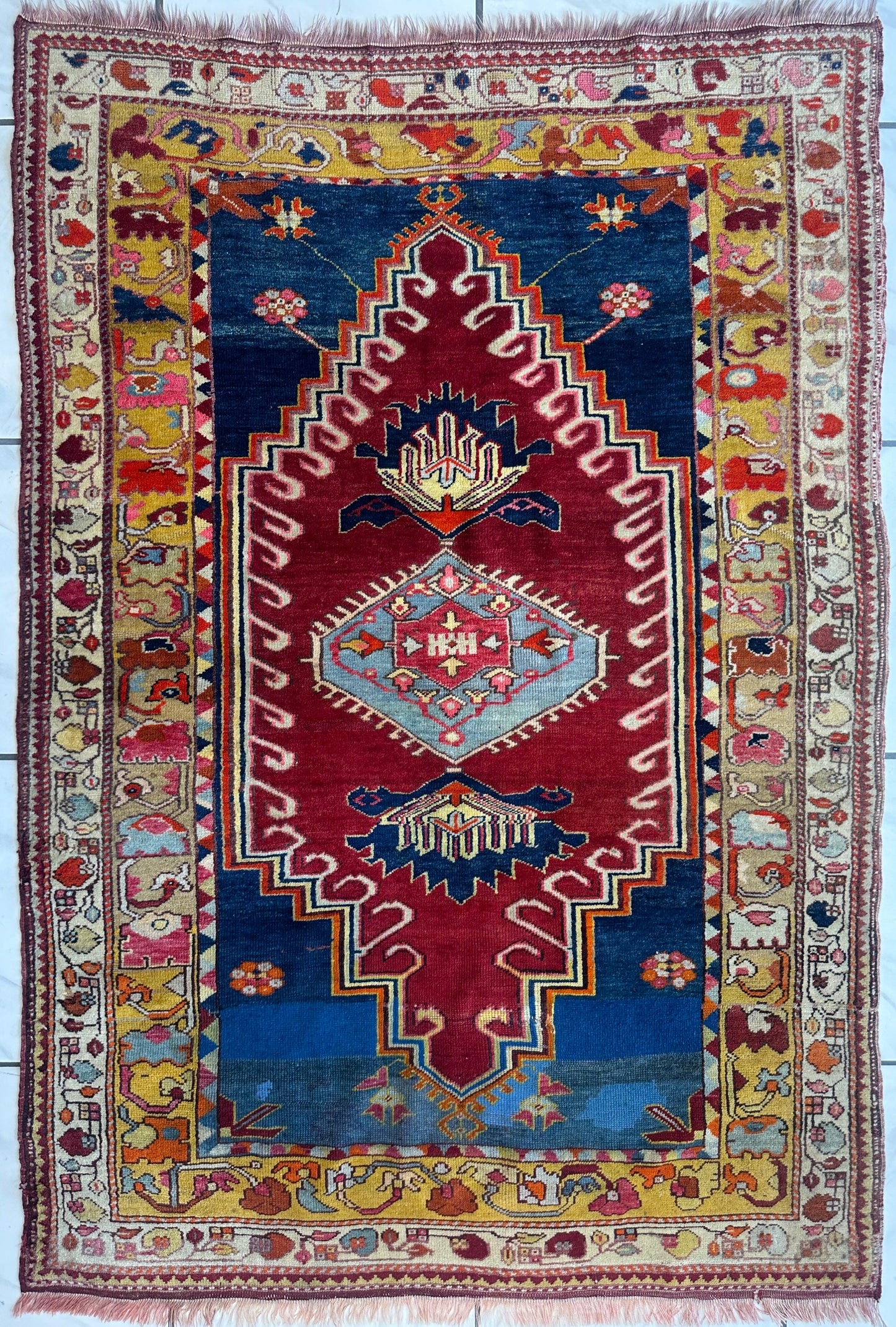 Hand-Knotted Antique Turkish Melas Wool Rug – 4'3" x 5'11" – Vibrant Geometric Motifs