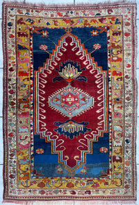 Hand-Knotted Antique Turkish Melas Wool Rug – 4'3" x 5'11" – Vibrant Geometric Motifs