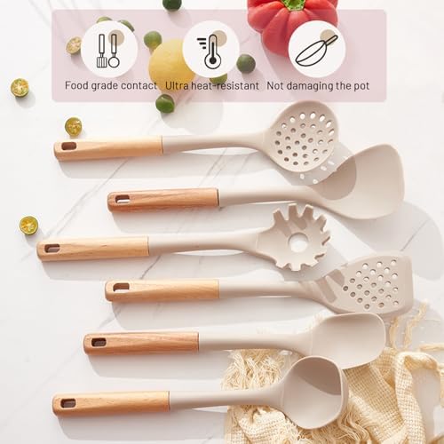 Silicone Cooking Utensils Set, 8 Piece Non-stick Utensils Spatula Set with Holder,Khaki Kitchen Utensils with Wooden Handles,Heat Resistant Cooking Set Kitchen Gadgets Gifts for Mother (Khaki) Quick Pick Grocers
