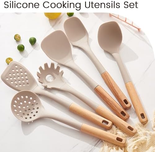 Silicone Cooking Utensils Set, 8 Piece Non-stick Utensils Spatula Set with Holder,Khaki Kitchen Utensils with Wooden Handles,Heat Resistant Cooking Set Kitchen Gadgets Gifts for Mother (Khaki) Quick Pick Grocers