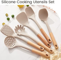 Silicone Cooking Utensils Set, 8 Piece Non-stick Utensils Spatula Set with Holder,Khaki Kitchen Utensils with Wooden Handles,Heat Resistant Cooking Set Kitchen Gadgets Gifts for Mother (Khaki) Quick Pick Grocers