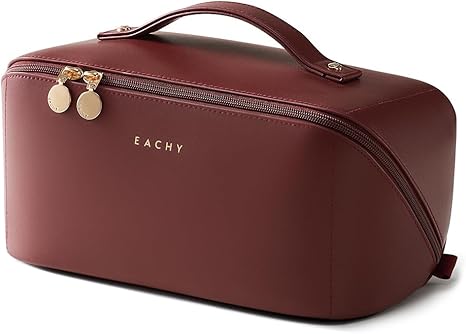 EACHY Travel Makeup Bag, Large Capacity Cosmetic Bag for Women, Waterproof PU Leather, Flat Open Portable Toiletry Bag for Skincare, Brushes & Travel Essentials Quick Pick Grocers