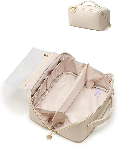 EACHY Travel Makeup Bag, Large Capacity Cosmetic Bag for Women, Waterproof PU Leather, Flat Open Portable Toiletry Bag for Skincare, Brushes & Travel Essentials Quick Pick Grocers