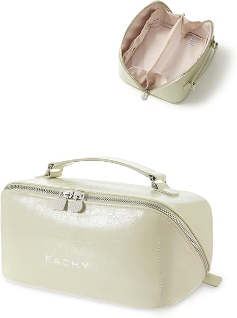 EACHY Travel Makeup Bag, Large Capacity Cosmetic Bag for Women, Waterproof PU Leather, Flat Open Portable Toiletry Bag for Skincare, Brushes & Travel Essentials Quick Pick Grocers