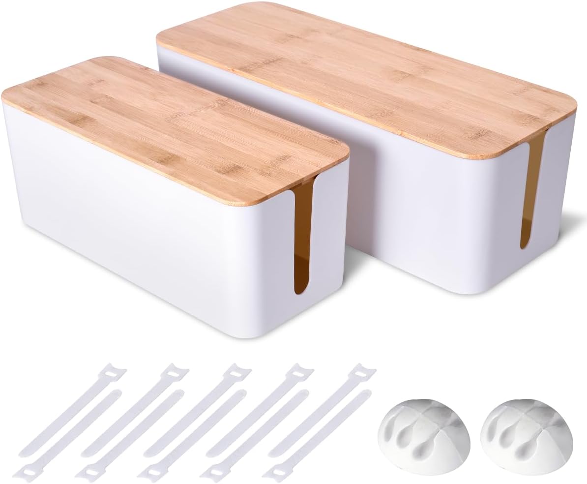 2 Pack Large Cable Management Box – Wooden Style Cord Organizer Box and Cover for TV Wires, Computer, Router, USB Hub and Under Desk Power Strip – Safe ABS Material and Baby-Pets Proof Lock Quick Pick Grocers