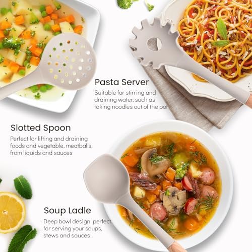 Silicone Cooking Utensils Set, 8 Piece Non-stick Utensils Spatula Set with Holder,Khaki Kitchen Utensils with Wooden Handles,Heat Resistant Cooking Set Kitchen Gadgets Gifts for Mother (Khaki) Quick Pick Grocers