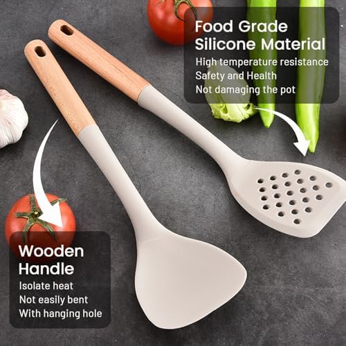 Silicone Cooking Utensils Set, 8 Piece Non-stick Utensils Spatula Set with Holder,Khaki Kitchen Utensils with Wooden Handles,Heat Resistant Cooking Set Kitchen Gadgets Gifts for Mother (Khaki) Quick Pick Grocers