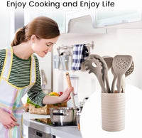 Silicone Cooking Utensils Set, 8 Piece Non-stick Utensils Spatula Set with Holder,Khaki Kitchen Utensils with Wooden Handles,Heat Resistant Cooking Set Kitchen Gadgets Gifts for Mother (Khaki) Quick Pick Grocers