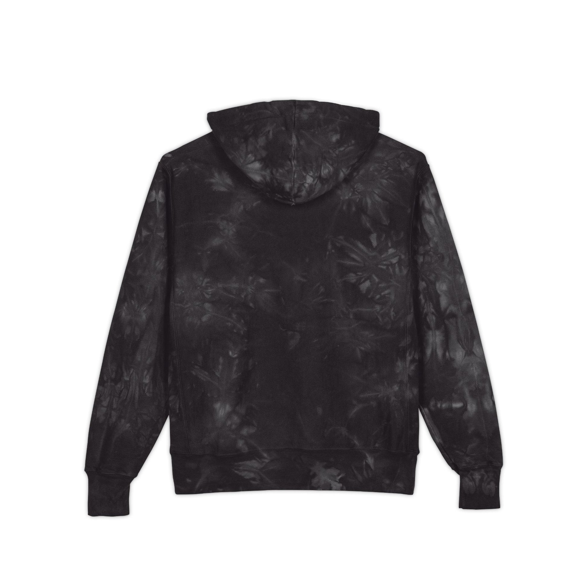 Black tie-dye hoodie on a white background